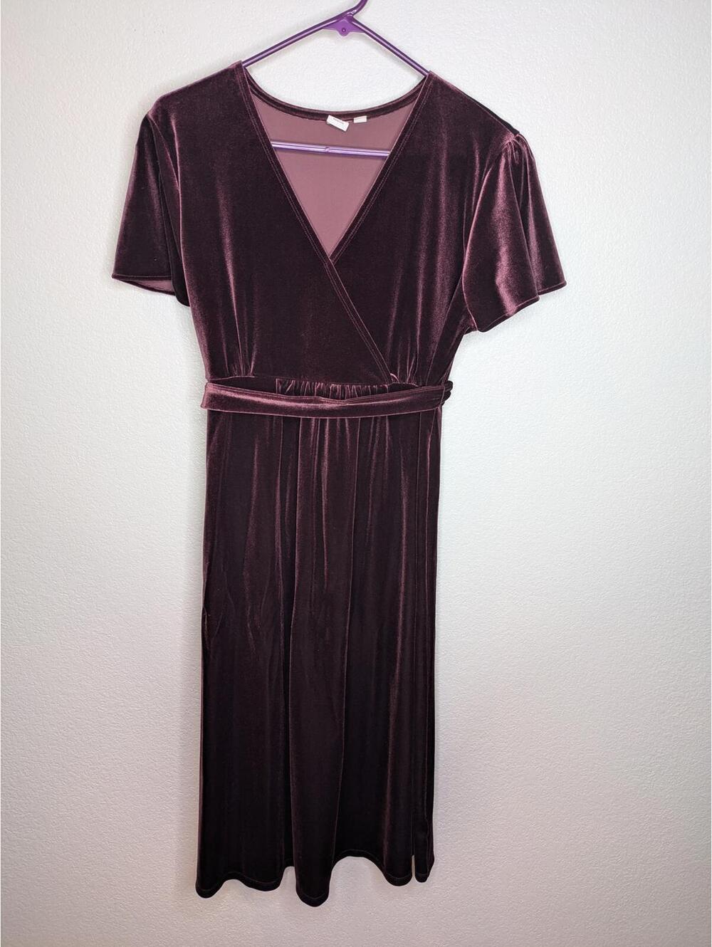 Gap Maternity Women's Dress Large Plum Purple Velvet V-Neck Tie Waist